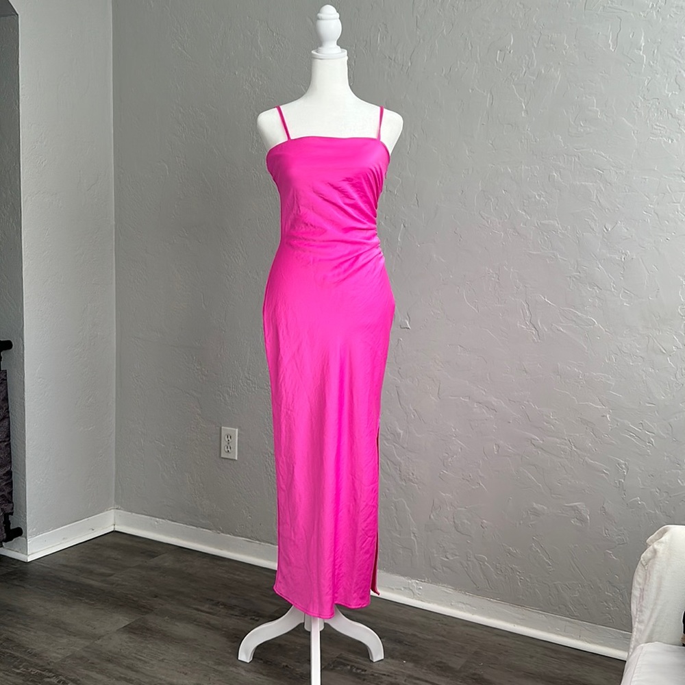 NWT House of Harlow 1960 Satin Silky Hot Pink Side Zip Slip Dress XS